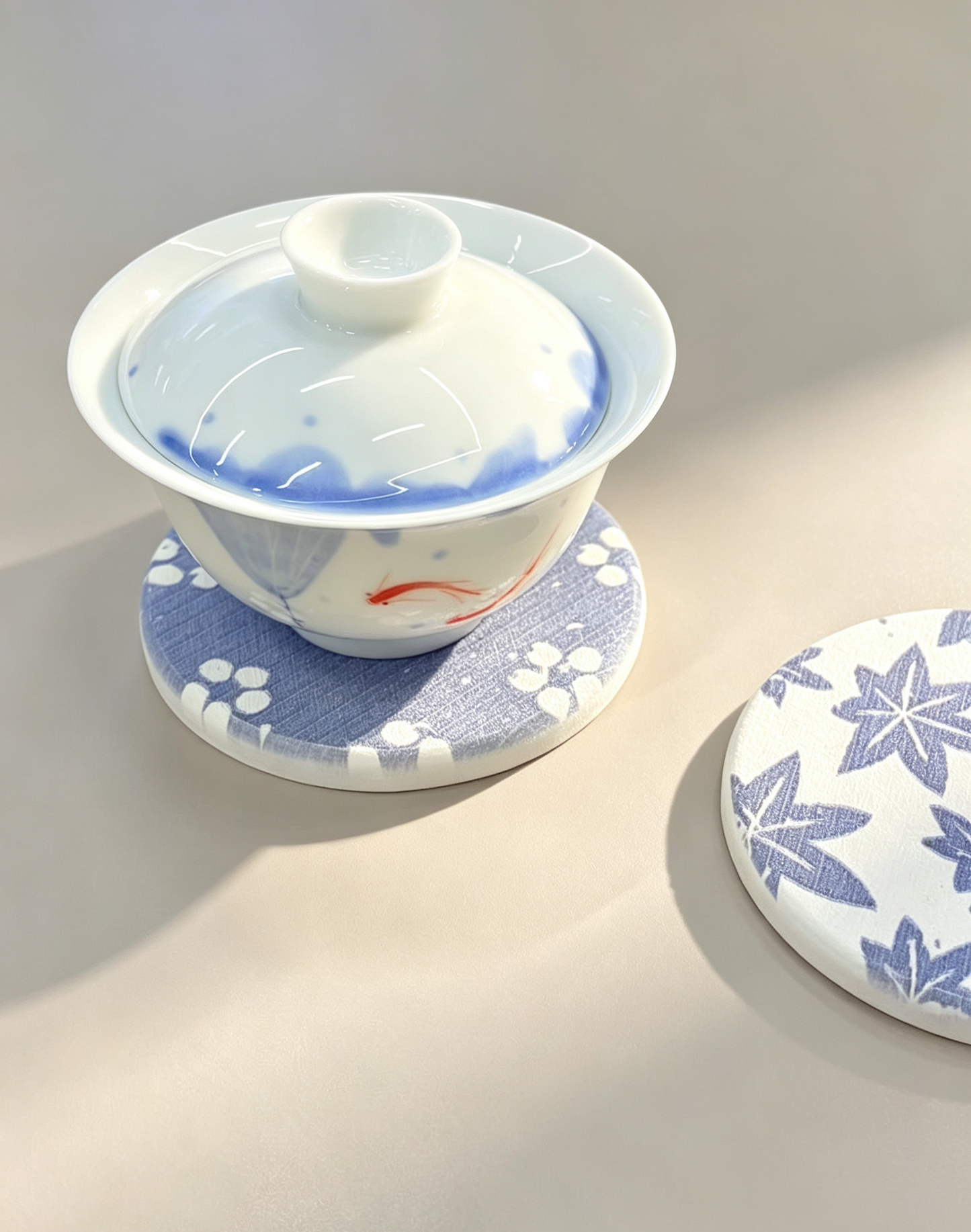 Qisheng Blue White Diatomite Coasters w/ Cork Base 10cm